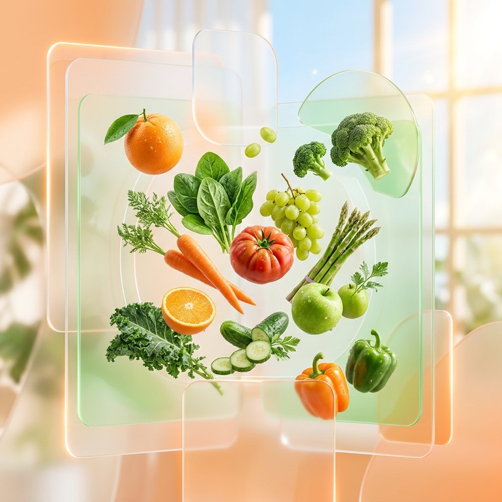 Fresh farm produce floating with glass panels